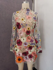 Floral 3D Embroidery Mini Dress for Parties