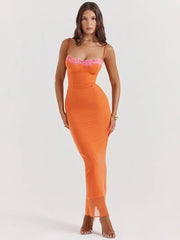 Elegant Lace Spaghetti Strap Backless Orange Dress
