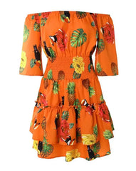 Tropical Print Off Shoulder Mini Dress for Daily Vacations